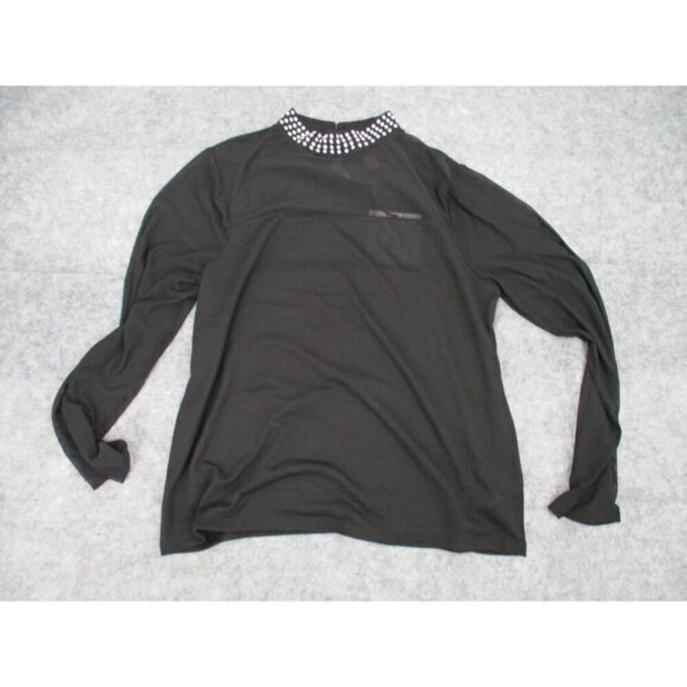 Madison Womens Blouse Large Black See Through Beaded Casual Sheer Long Sleeve